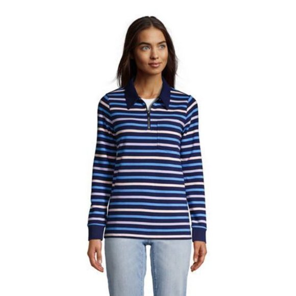 NWT LANDS' END LONG SLEEVE QUARTER ZIP SWEATSHIRT DEEP SEA NAVY MULTI STRIPE S/P - Picture 1 of 5